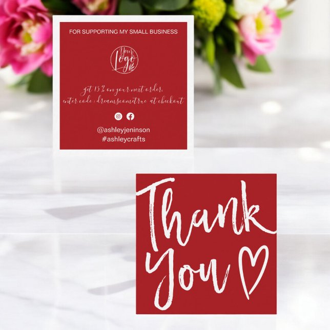 Carte De Visite Carré Merci moderne script commander rouge noël (Modern thank you script order red christmas square business card)