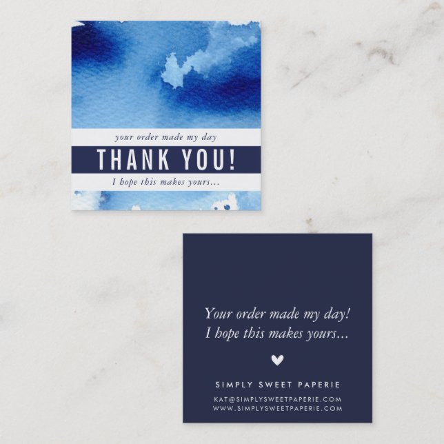 Carte De Visite Carré MERCI moderne simple aquarelle bleu marine foncé (Devant / Derrière)