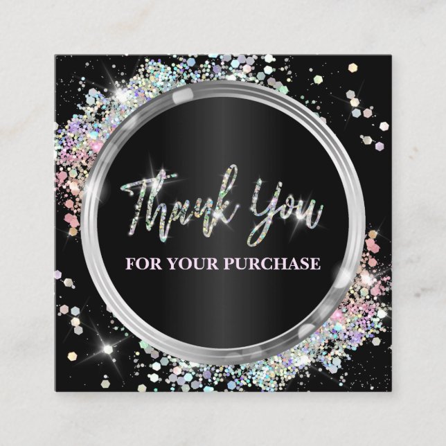 Carte De Visite Carré Merci Pour Votre Achat Glitter Noir (Devant)