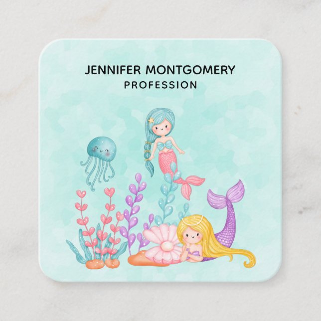 Carte De Visite Carré Mermaids et méduses sous l'aquarelle marine (Devant)
