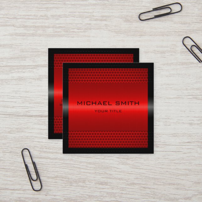 Carte De Visite Carré Métal inoxydable rouge élégant fait sur commande (Devant/Arrière en situation)