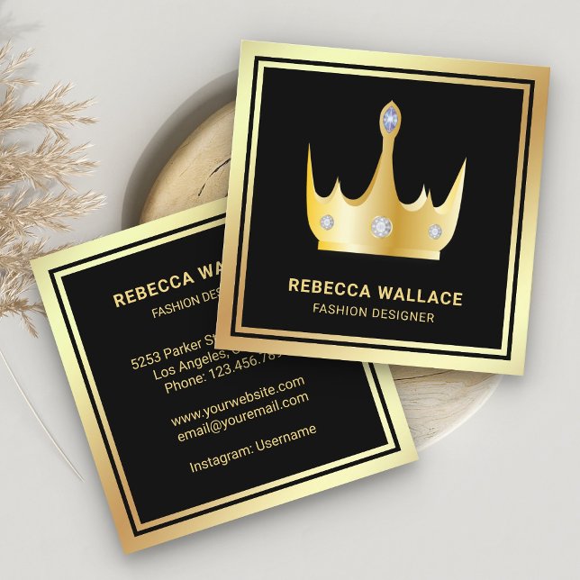 Carte De Visite Carré Métallurgique Luxueux Black Faux Gold Foil Crown (Créateur téléchargé)