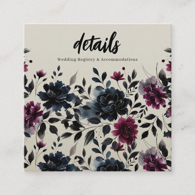 Carte De Visite Carré Midnight Blue Burgundy Inky Floral Almond Détails (Devant)