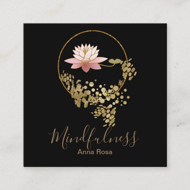 Carte De Visite Carré Mindfulness de Lotus de parties scintillantes d'or (Devant)