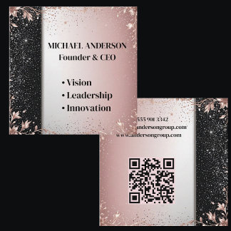 Carte De Visite Carré Minimal Luxury Pink Silver Glitter Floral Modern