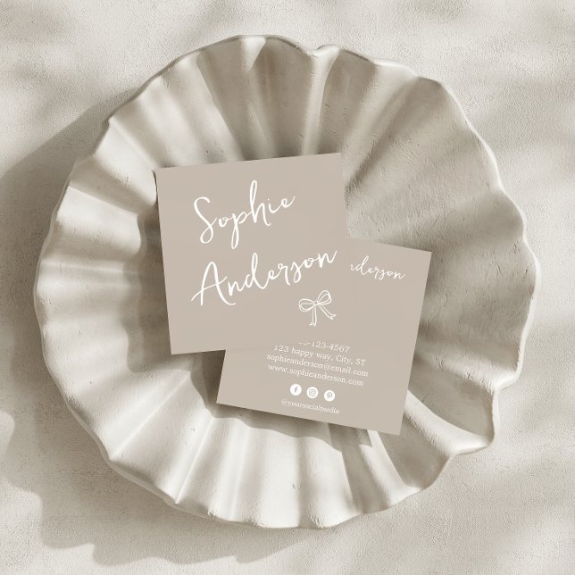 Carte De Visite Carré Minimalist Beige with Elegant Script & Bow      (Créateur téléchargé)