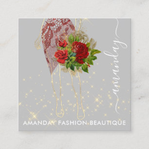 Carte De Visite Carré Mode or rouge vêtement logo QRCode Floral