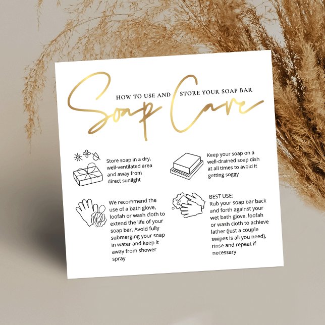 Carte De Visite Carré Mode Soap Bar Care Instructions Chic White & Gold  (Handmade soap bar care instructions cards with icons and faux gold effects)