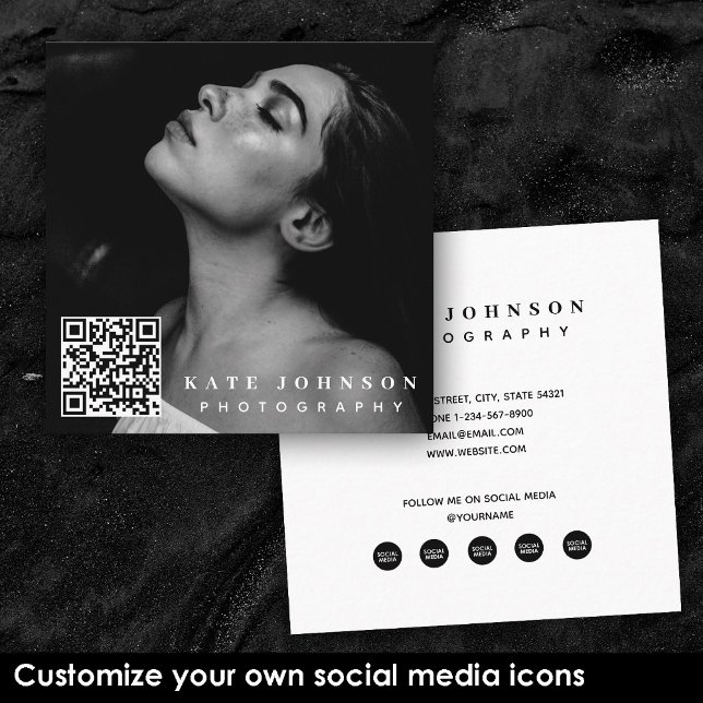 Carte De Visite Carré Modèle Business Photo QR Code Social Media Icons (Modern Photo QR Code Custom Social Media Icons Square Business Card)