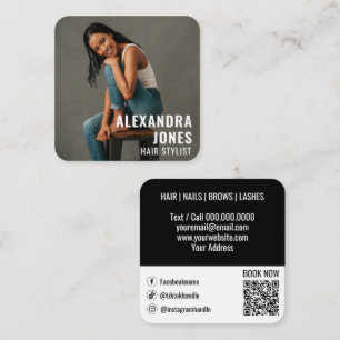 Carte De Visite Carré Modèle de la styist cheveux noir Qr Code médias so