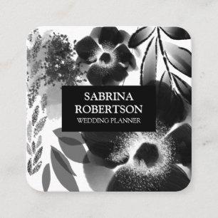 Carte De Visite Carré Modèle floral noir et blanc moderne 