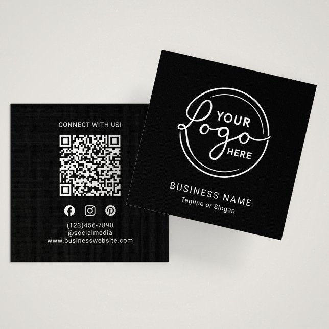 Carte De Visite Carré Modern Black Custom Logo QR Code (Créateur téléchargé)