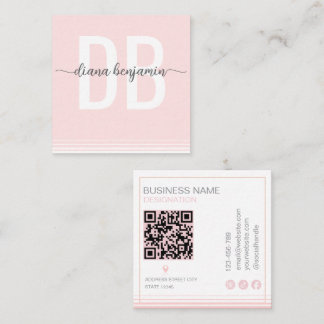Carte De Visite Carré Modern blush pink and white monogram Qr Code