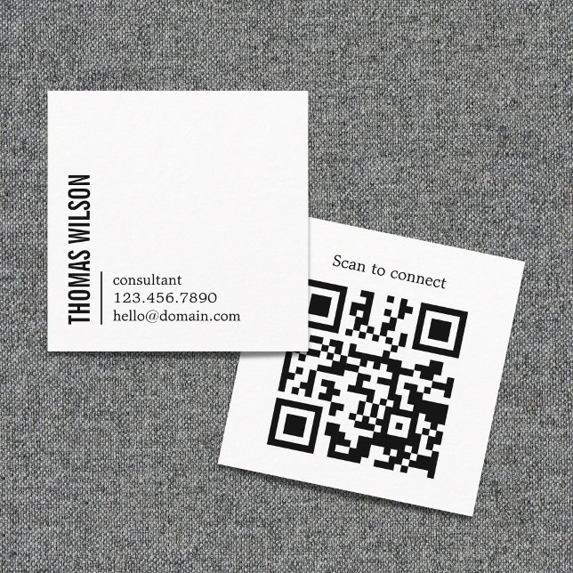 Carte De Visite Carré Modern Clean Bold Black White Consultant QR code (Créateur téléchargé)