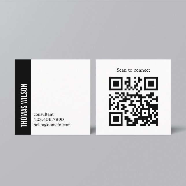 Carte De Visite Carré Modern Clean Bold Black White Consultant QR code (Créateur téléchargé)