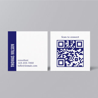 Carte De Visite Carré Modern Clean Bold Blue White Consultant QR code
