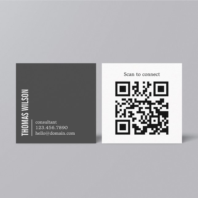 Carte De Visite Carré Modern Clean Bold Grey White Consultant QR code (Créateur téléchargé)
