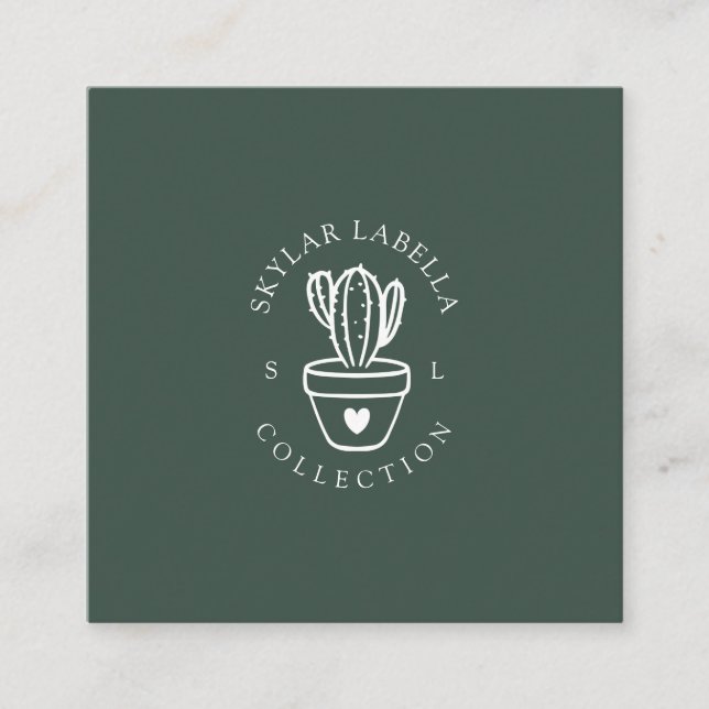 Carte De Visite Carré Modern Love Cactus Plante Line-Art Logo & Monogram (Devant)