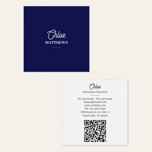 Carte De Visite Carré Modern Navy Blue Business Card with QR Code (Créateur téléchargé)