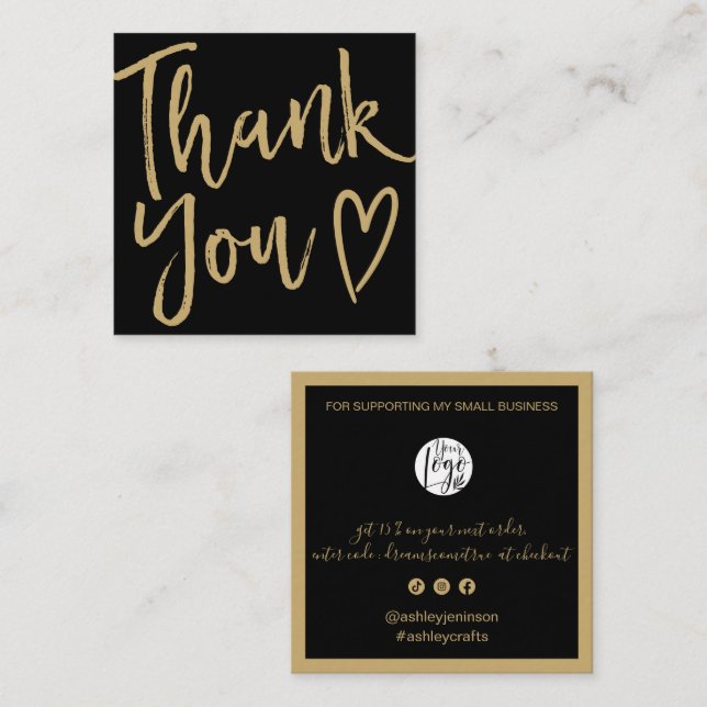 Carte De Visite Carré Modern thank you script order gold black (Devant / Derrière)