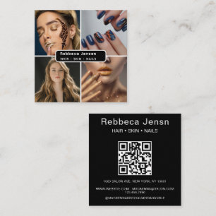 Carte De Visite Carré Moderne 4 Photo Hair Skin Nail Salon QR Code