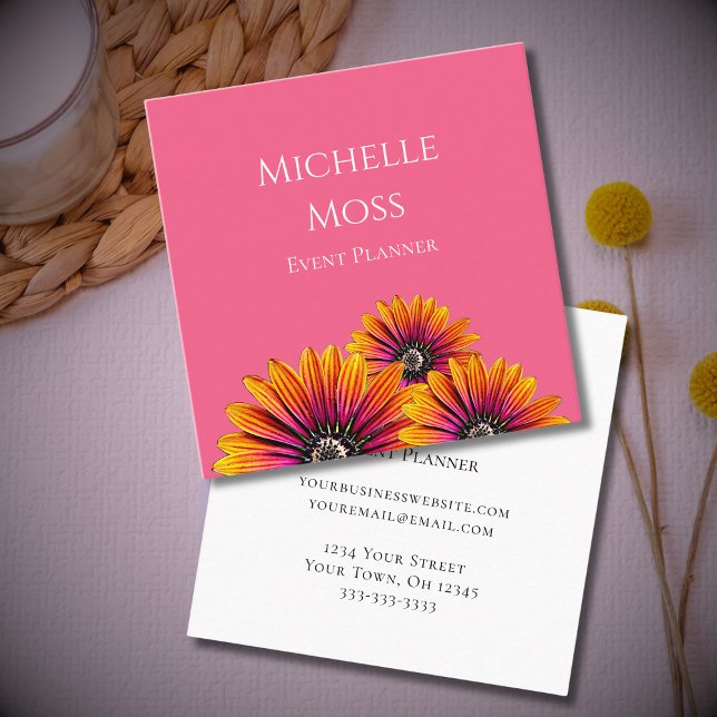 Carte De Visite Carré Moderne Boho Daisies Whimsical Pink Event Planner (Créateur téléchargé)