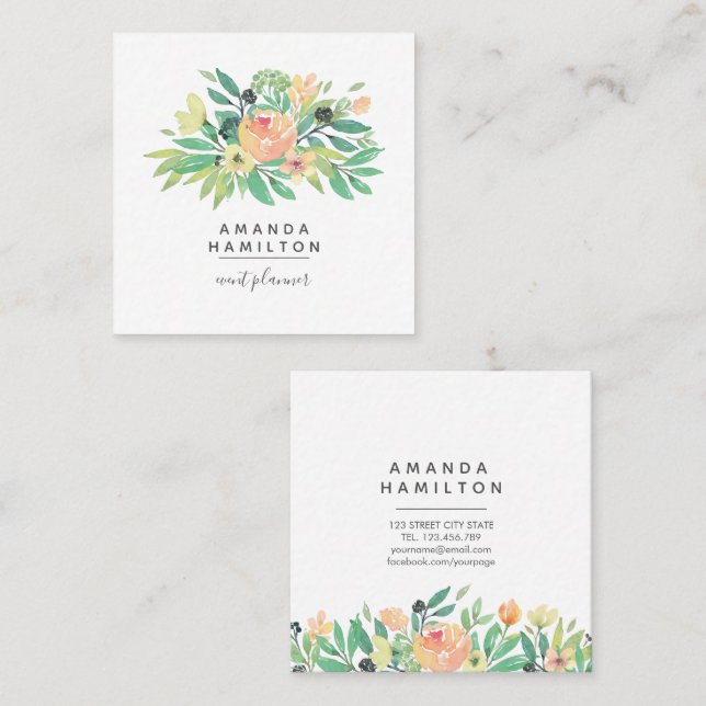 Carte De Visite Carré Moderne Classy Aquarelle rose orangé feuille (Devant / Derrière)