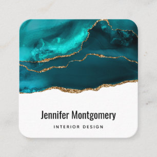 Carte De Visite Carré Moderne Design Turquoise & Or Agate sur blanc