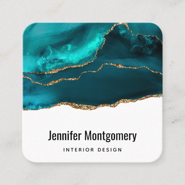 Carte De Visite Carré Moderne Design Turquoise & Or Agate sur blanc (Devant)