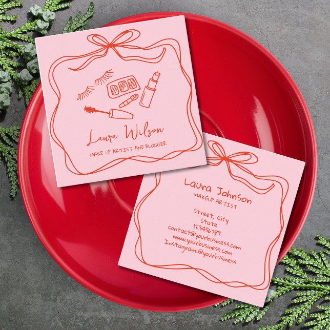 Carte De Visite Carré Moderne Doodle Maquillage Whimsical Artiste Bow Ro (red pink bow with doodle makeup)