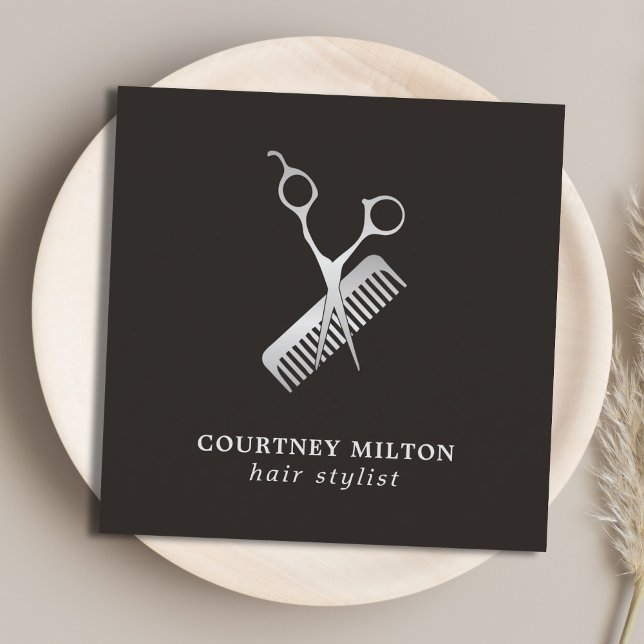 Carte De Visite Carré Moderne Elegant Faux foncé peigne ciseau argent (Créateur téléchargé)