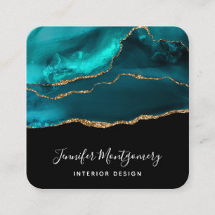 Carte De Visite Carré Moderne et élégant Turquoise Agate & Gold Ribbon s