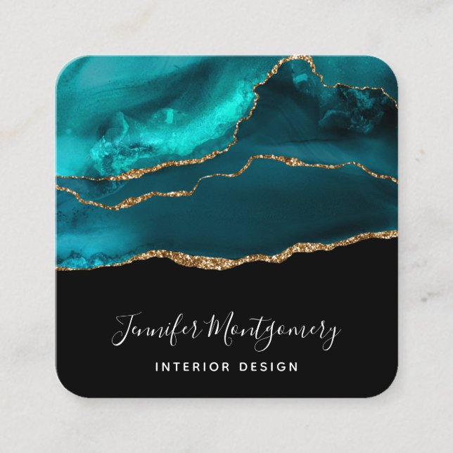 Carte De Visite Carré Moderne et élégant Turquoise Agate & Gold Ribbon s (Devant)