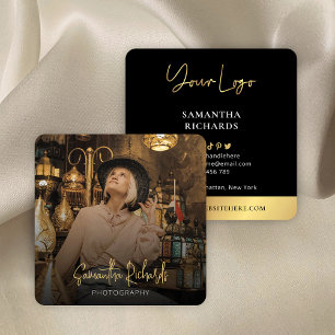 Carte De Visite Carré Moderne Full Photo Black & Gold Trendy Influencer