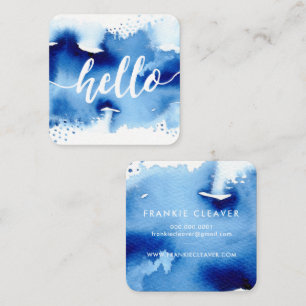 Carte De Visite Carré MODERNE HELLO SCRIPT arty aquarelle bleu splash