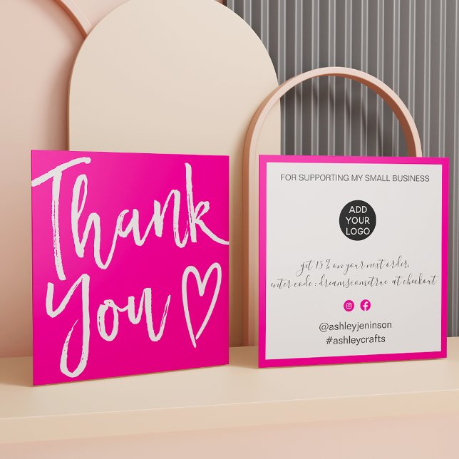 Carte De Visite Carré Moderne merci script commander un rose chaud minim (Modern thank you script order minimal hot pink square business card)