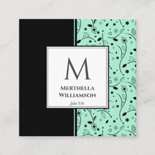 Carte De Visite Carré Moderne MONOGRAM Neo Mint Black Floral