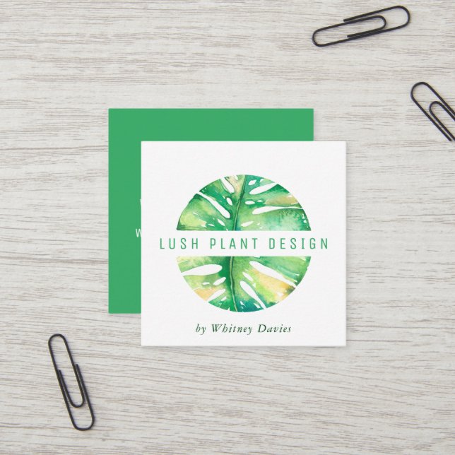 Carte De Visite Carré MODERNE MONSTERA LEAF LOGO vie botanique vert (Devant/Arrière en situation)