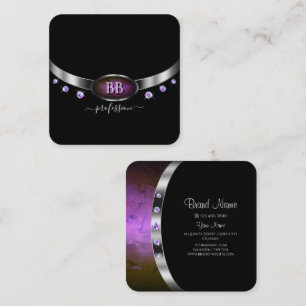 Carte De Visite Carré Moderne Noir Argent Violet avec Diamants Monogramm