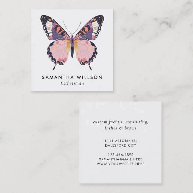 Carte De Visite Carré Moderne simple Papillon rose violet Whimsical (Devant / Derrière)