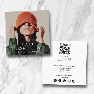 Carte De Visite Carré Moderne Tendance photo intégrale QR Code Médias so