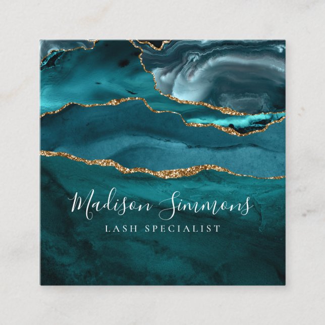 Carte De Visite Carré Moderne Turquoise Vert Or Agate Géode Monogramme S (Devant)