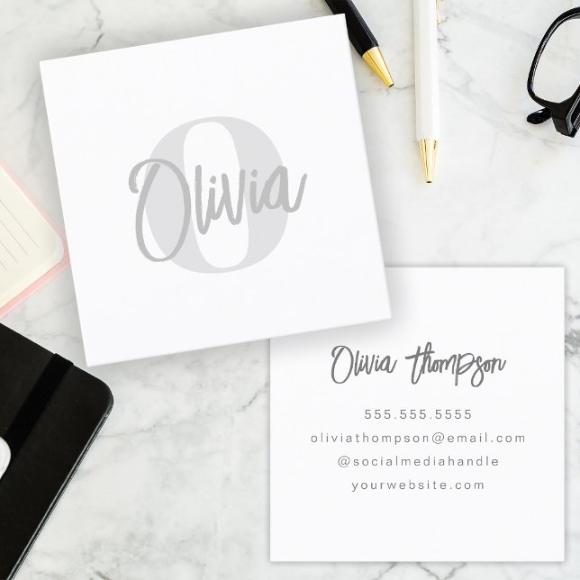 Carte De Visite Carré Monochrome moderne blanc tendance Script Monogramm (Créateur téléchargé)