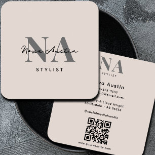 Carte De Visite Carré Monogram Luxe Tendance Aesthétique Blush Pink QR C