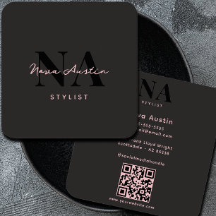 Carte De Visite Carré Monogram Luxe Tendance Aesthétique rose noir QR Co