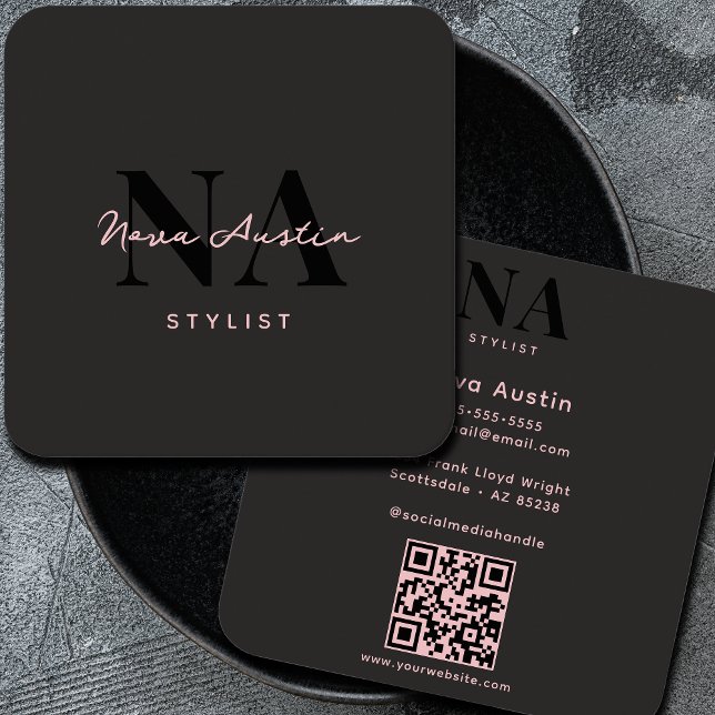 Carte De Visite Carré Monogram Luxe Tendance Aesthétique rose noir QR Co (Créateur téléchargé)