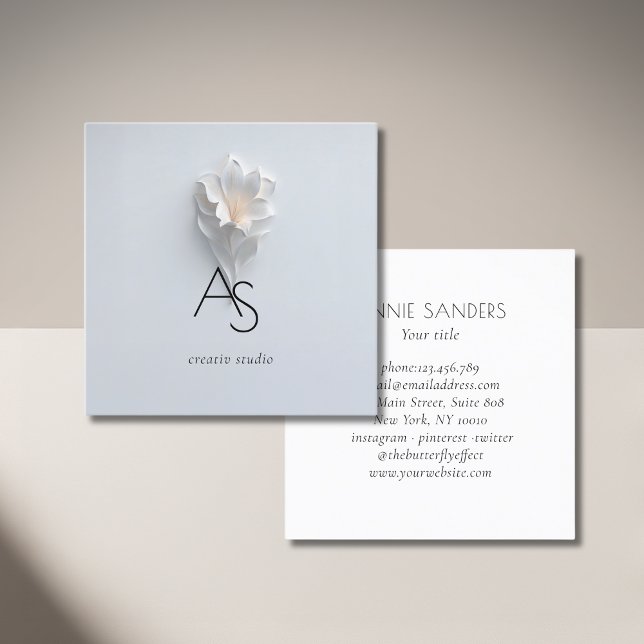 Carte De Visite Carré Monogram Minimalist Floral White Blue (Elegant Minimalist Floral White Blue  Square Business Card)