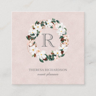Carte De Visite Carré Monogram Wreath Pink Linen icône de médias sociaux