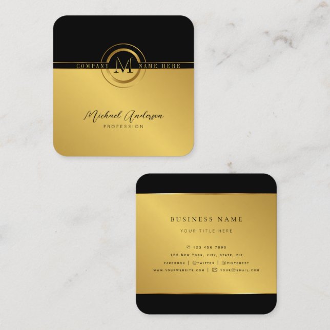 Carte De Visite Carré Monogramme Abstrait Royal Luxury Golden Round Fram (Devant / Derrière)
