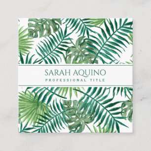 Carte De Visite Carré Monogramme Aquarelle tropicale Palm Feuille Botani
